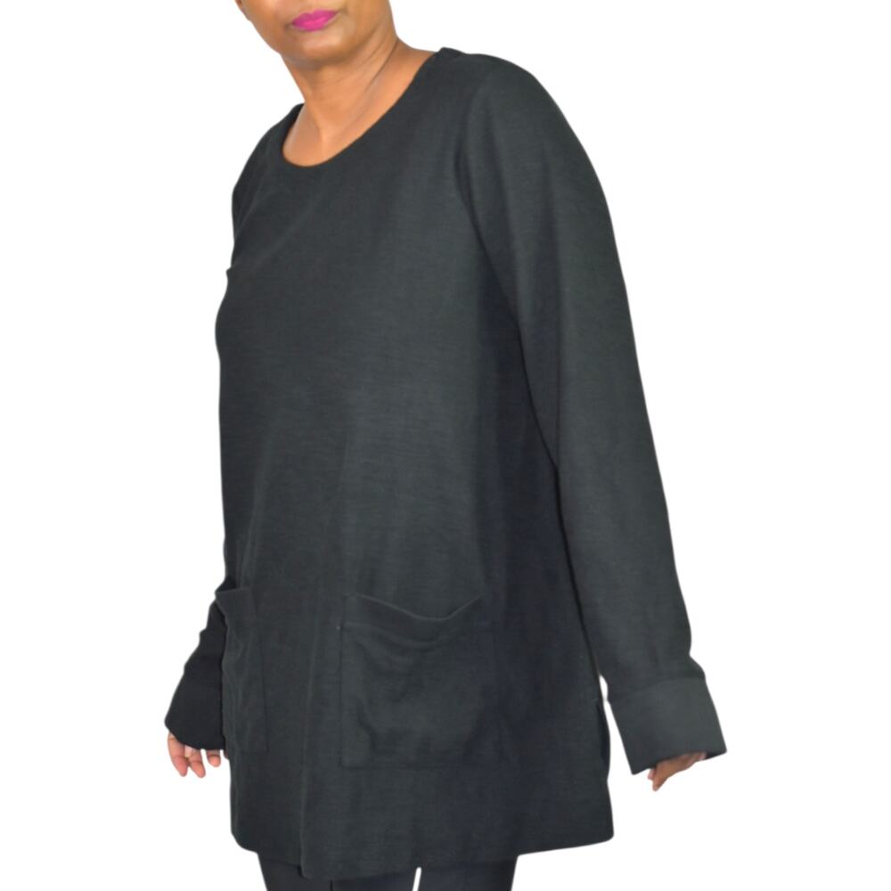 J Jill Black Textured Knit Tunic Cotton Blend Top Patch Pockets Side Slits Large - Picture 6 of 15